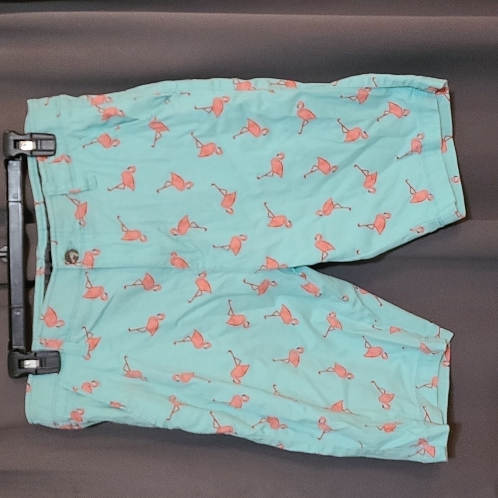 Plugg Flex‎ Mens Flamingo Shorts Stretch Aqua/Pink Pockets Size 30 EUC